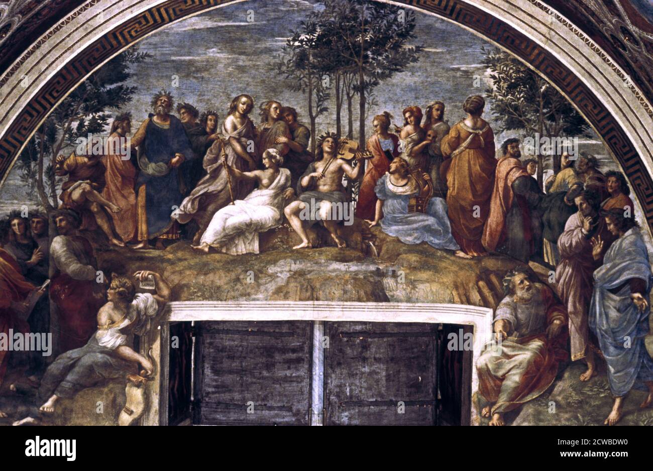 Der Parnassus, von der Stanza delle Segnatura', 1510-1511. Künstler: Raphael. Raphael (1483-1520) war ein italienischer Maler und Architekt der Hochrenaissance. Seine Arbeit wird für seine Klarheit der Form, Leichtigkeit der Komposition und visuelle Leistung der menschlichen Größe bewundert. Stockfoto