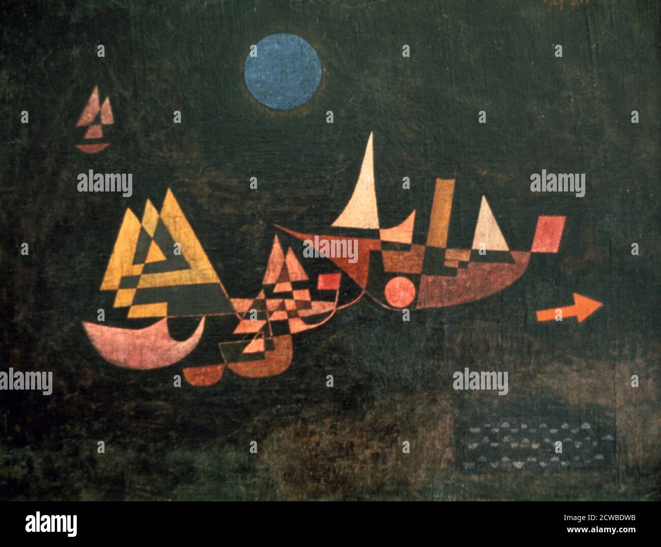 The Ships Depart', 1927. Künstler: Paul Klee. Paul Klee (1879-1940) war ein in der Schweiz geborener Künstler. Sein höchst individueller Stil wurde von Kunstbewegungen beeinflusst, die Expressionismus, Kubismus und Surrealismus einschloss. Stockfoto