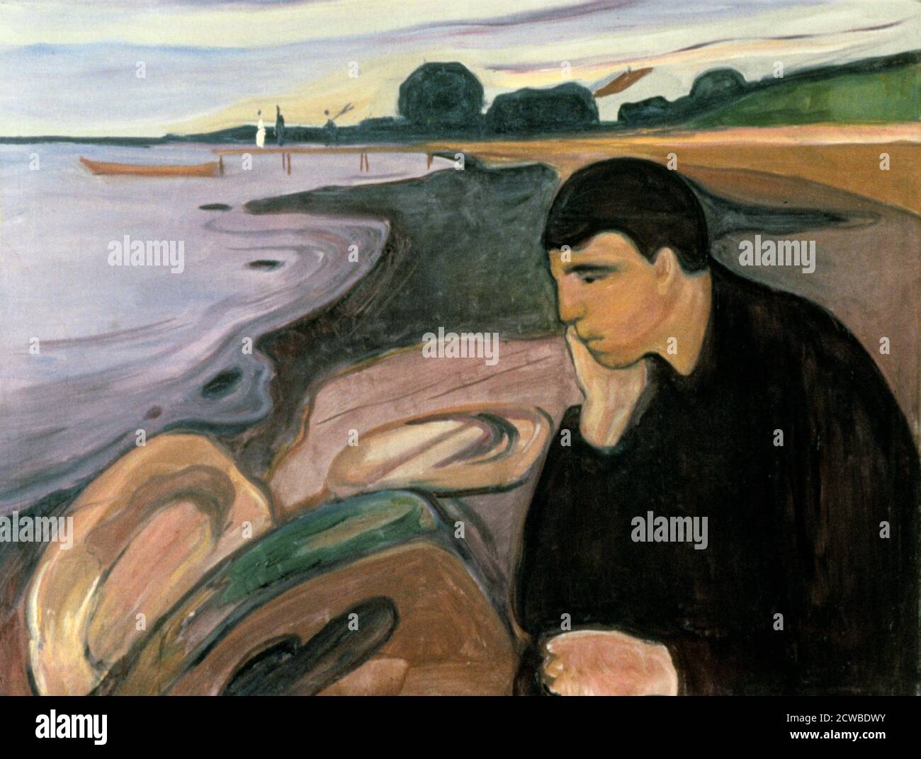 Melancholy', 1894-1895. Künstler: Edvard Munch. Edvard Munch ist ein norwegischer Maler, Expressionist und Drucker. Er spielte eine große Rolle im deutschen Expressionismus. Stockfoto