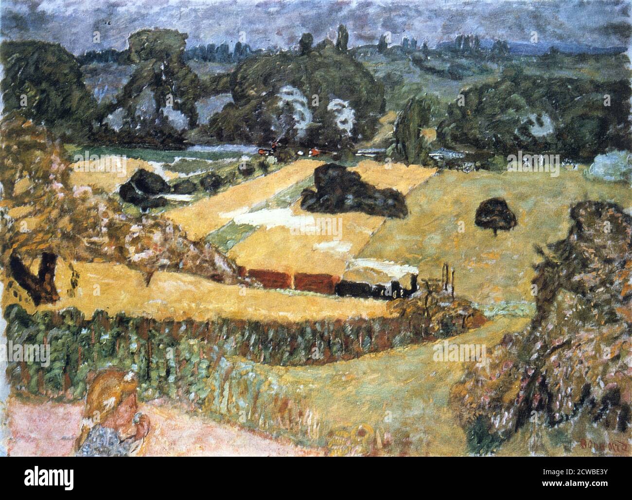 Train and Bardes', (Landschaft mit Güterzug), 1909. Künstler: Pierre Bonnard. Bonnard war ein französischer Maler, Illustrator und Grafiker, bekannt für die stilisierten dekorativen Qualitäten seiner Gemälde und seine kühne Verwendung von Farbe. Er war Gründungsmitglied der postimpressionistischen Gruppe der Avantgarde-Maler Les Nabis. Stockfoto