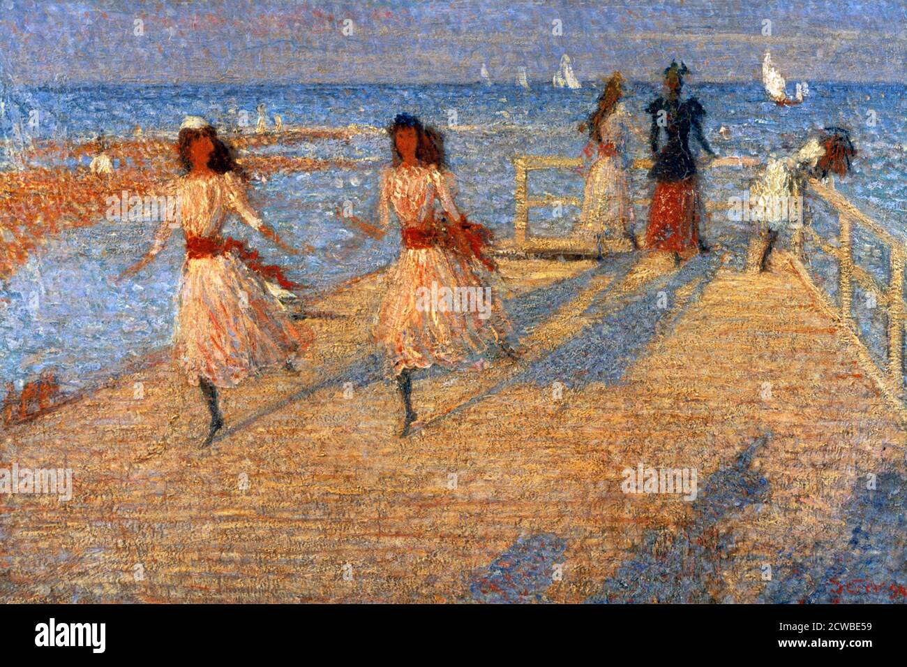 Girls Running, Walberswick Pier', 1888-1894 Künstler: Philip Wilson Steer, Steer besuchte Walberswick in Suffolk, wo er Freunde hatte. Er vollendete eine Reihe von Gemälden des Strandes. Stockfoto