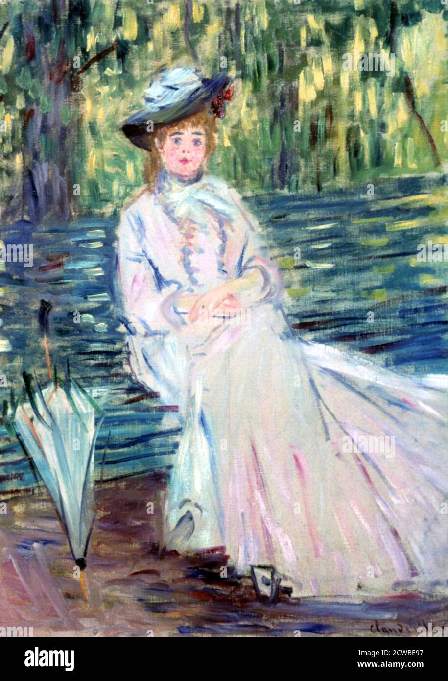 Frau sitzt auf einer Bank', c1874. Künstler: Claude Monet. Monet war ein französischer Maler, ein Begründer der französischen Impressionistenmalerei und der konsequenteste und produktivste Praktiker der Bewegungsphilosophie. Stockfoto