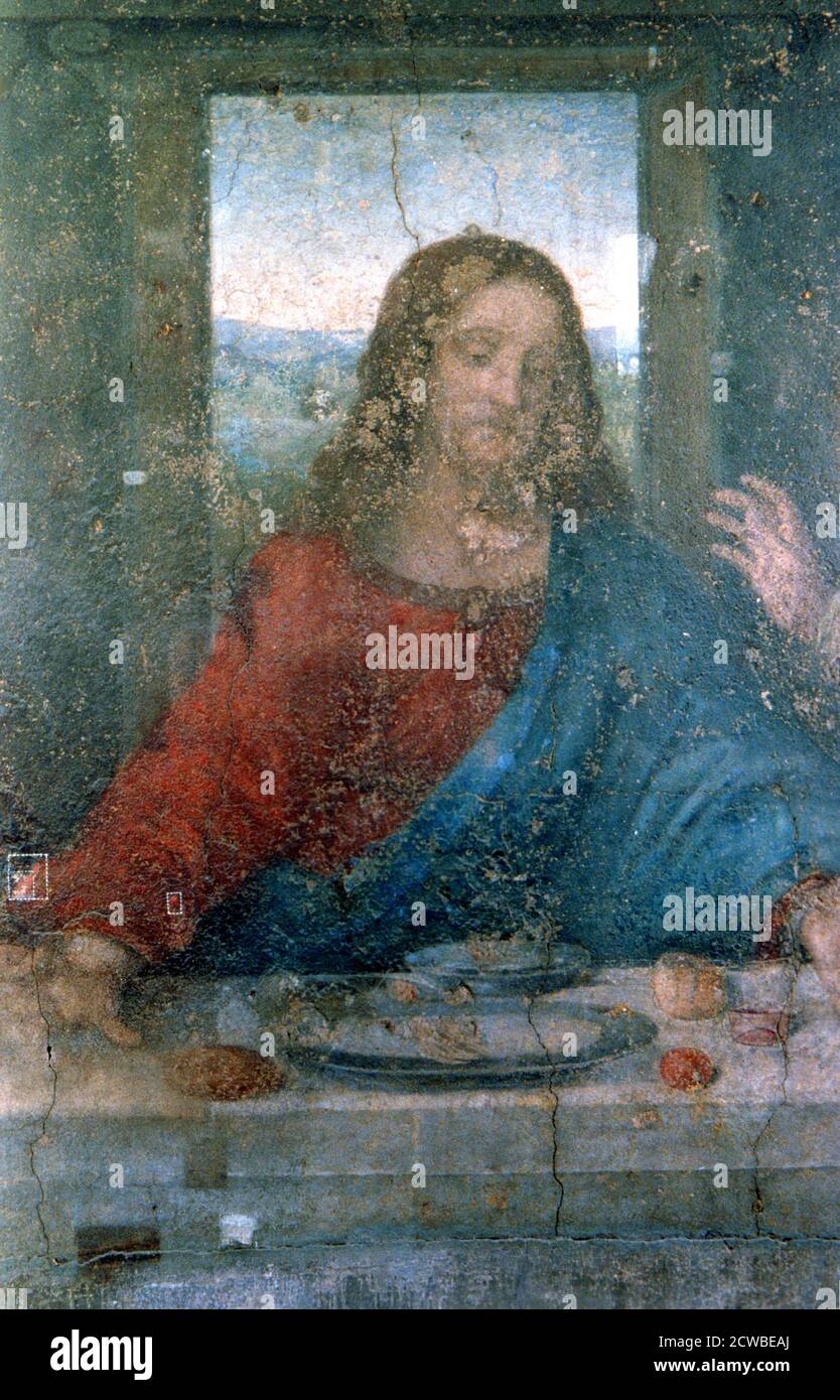 Das letzte Abendmahl', Detail, 1495-1498 Künstler: Leonardo da Vinci. Jesus mit den zwölf Aposteln. Das Gemälde ist ein Wandgemälde, das von Lodovico Sforza, Herzog von Mailand, für das Refektorium des Klosters von Santa Maria delle Grazie, Mailand, Italien, in Auftrag gegeben wurde. Stockfoto