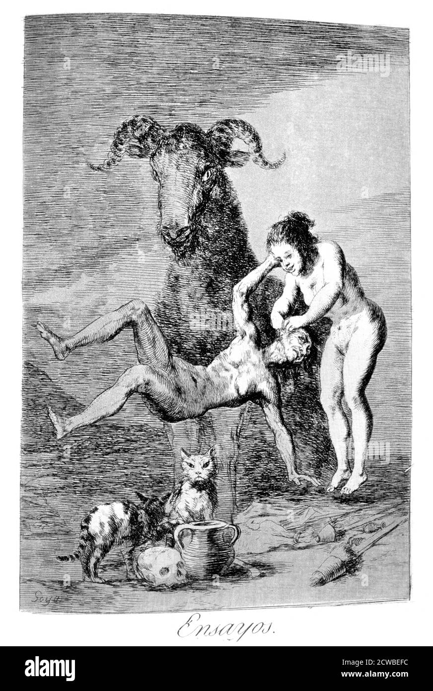 Trials', 1799 Künstler: Francisco Goya. Platte 60 von 'Los Caprichos'. Los Caprichos sind ein Satz von 80 Drucken in Aquatinta und Radierung, die der spanische Künstler Francisco Goya 1797 und 1798 schuf und 1799 als Album veröffentlicht wurde. Stockfoto