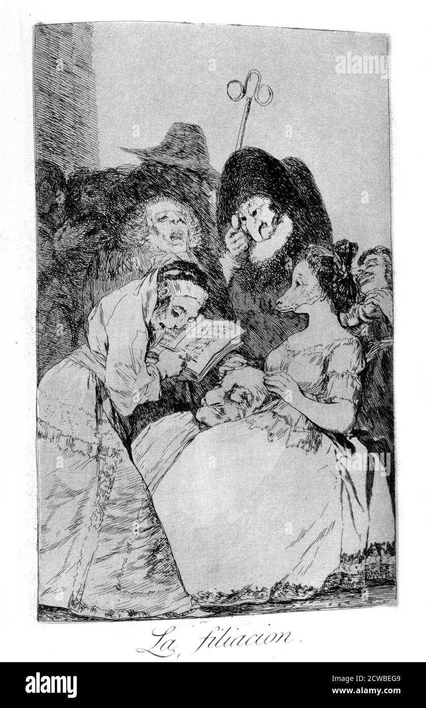 The Filiation', 1799 Künstler: Francisco Goya. Platte 75 von 'Los Caprichos'. Los Caprichos sind ein Satz von 80 Drucken in Aquatinta und Radierung, die der spanische Künstler Francisco Goya 1797 und 1798 schuf und 1799 als Album veröffentlicht wurde. Stockfoto