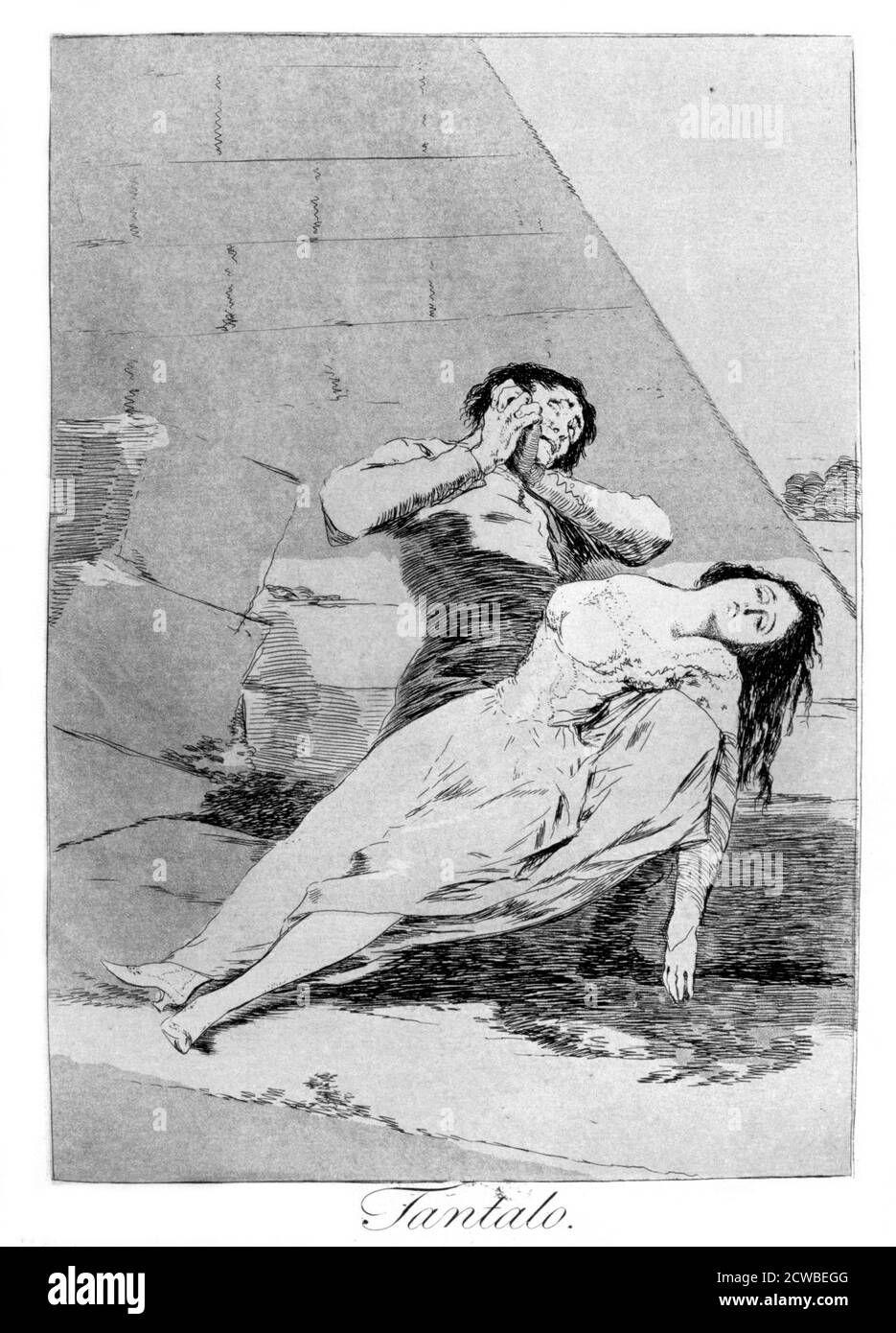 Tantalas', 1799 Künstler: Francisco Goya. Platte 9 von „Los Caprichos“. Los Caprichos sind ein Satz von 80 Drucken in Aquatinta und Radierung, die der spanische Künstler Francisco Goya 1797 und 1798 schuf und 1799 als Album veröffentlicht wurde. Stockfoto