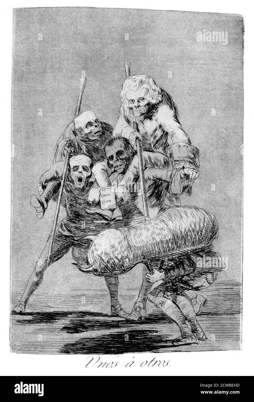 'What one does to another', 1799 Künstler: Francisco Goya. Platte 77 von 'Los Caprichos'. Los Caprichos sind ein Satz von 80 Drucken in Aquatinta und Radierung, die der spanische Künstler Francisco Goya 1797 und 1798 schuf und 1799 als Album veröffentlicht wurde. Stockfoto