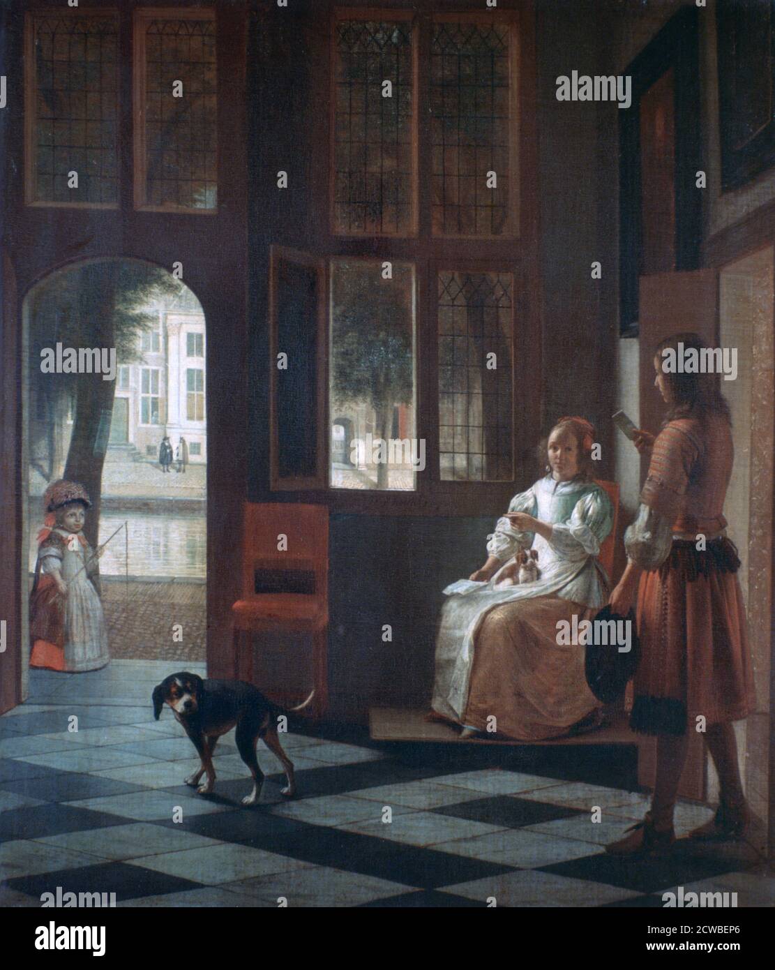 Eine Frau Regie einen jungen Mann mit einem Brief Künstler: Pieter de Hooch. Pieter de Hooch (1629-1684) war ein niederländischer Maler des Goldenen Zeitalters, der für seine Genrewerke ruhiger häuslicher Szenen berühmt war. Stockfoto