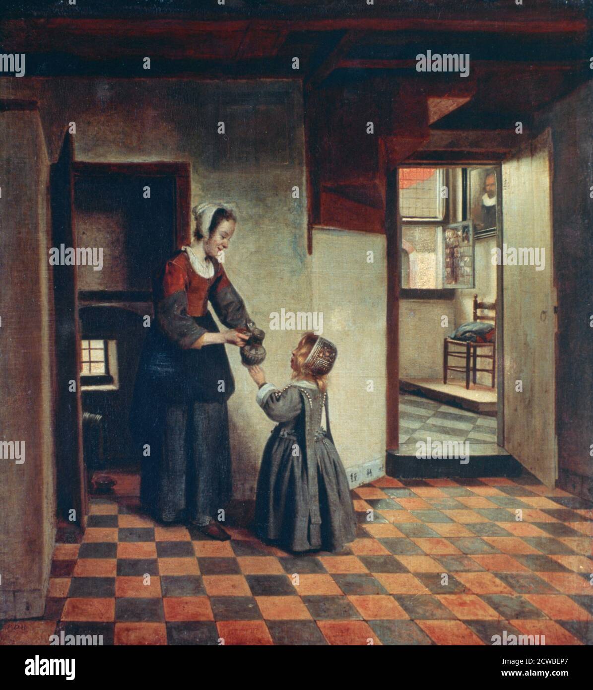 Frau mit Kind in einer Speisekammer', c1660. Künstler: Pieter de Hooch. Pieter de Hooch (1629-1684) war ein niederländischer Maler des Goldenen Zeitalters, der für seine Genrewerke ruhiger häuslicher Szenen berühmt war. Stockfoto