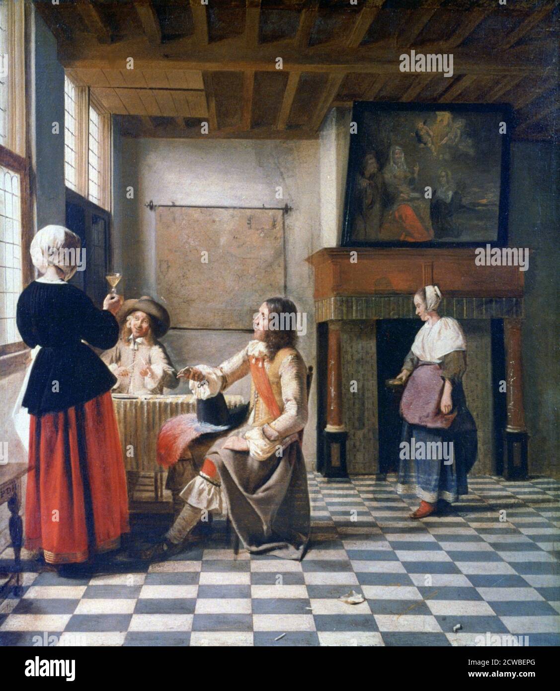 Interior, Frau trinkt mit zwei Männern und einer Magd', c1658 Künstler: Pieter de Hooch. Pieter de Hooch (1629-1684) war ein niederländischer Maler des Goldenen Zeitalters, der für seine Genrewerke ruhiger häuslicher Szenen berühmt war. Stockfoto