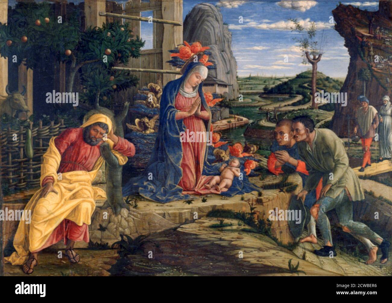 Die Anbetung der Hirten, c1450. Künstler: Andrea Mantegna. Andrea Mantegna (1431-1506) war ein italienischer Maler, Schüler der römischen Archäologie und Schwiegersohn von Jacopo Bellini. Stockfoto