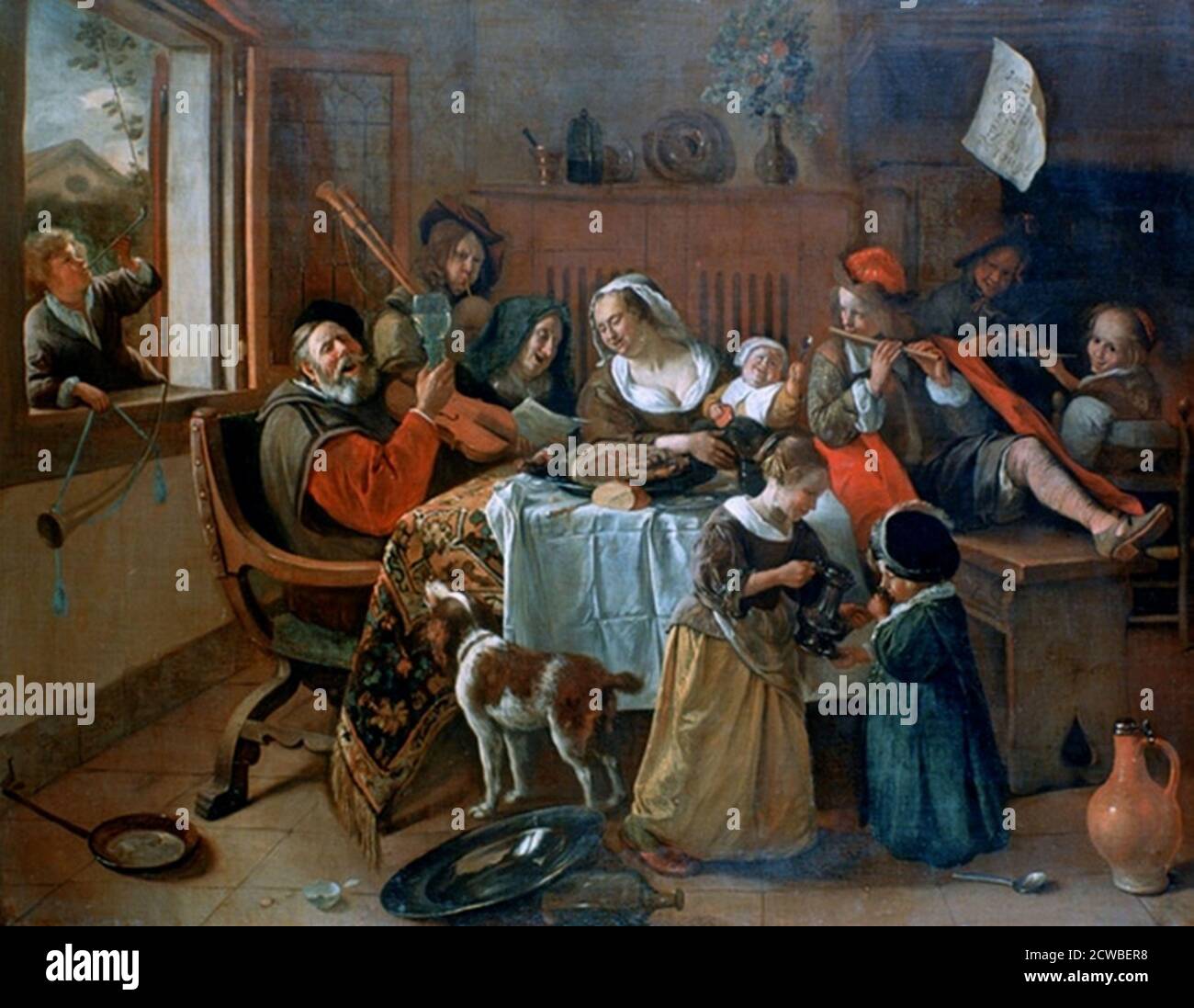 Die Fröhliche Familie", 1668. Künstler: Jan Steen. Jan Havickszoon Steen (1626-1679) war ein niederländischer Maler des Goldenen Zeitalters, einer der führenden Genremaler des 17. Jahrhunderts. Stockfoto