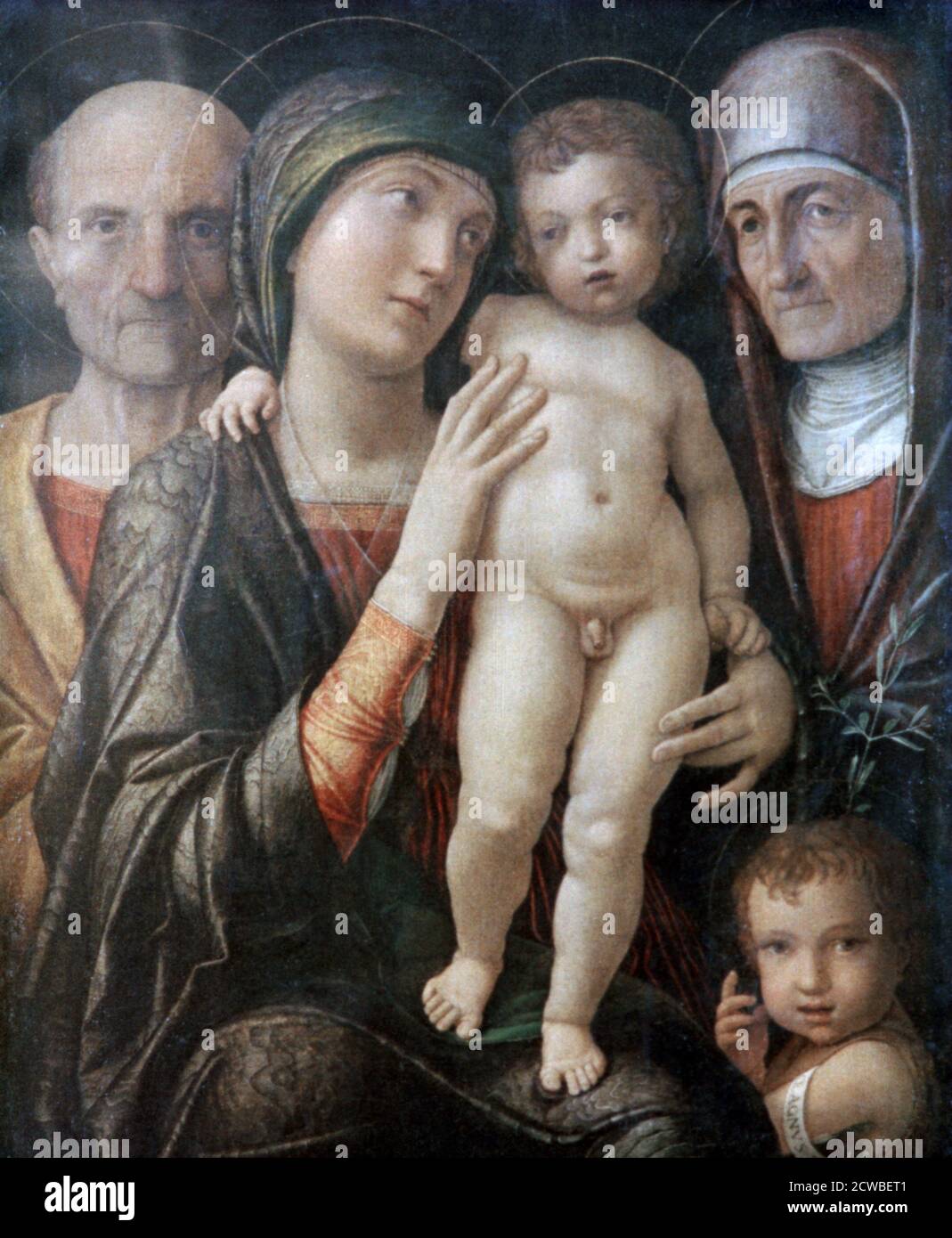 Heilige Familie mit der hl. Elisabeth und Johannes dem Täufer als Kind', c1495-1500. Künstler: Andrea Mantegna. Andrea Mantegna (1431-1506) war ein italienischer Maler, Schüler der römischen Archäologie und Schwiegersohn von Jacopo Bellini. Stockfoto