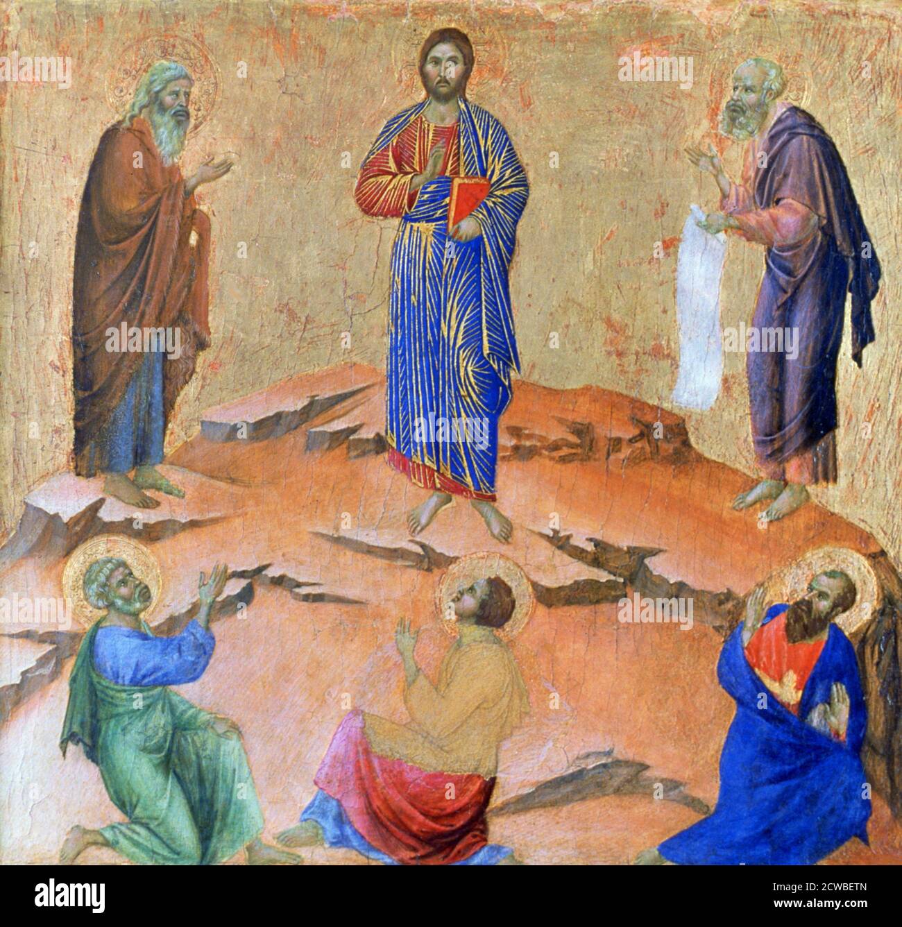 Die Verklärung', 1311. Künstler: Duccio di Buoninsegna. Duccio di Buoninsegna (c1255-1320) war ein italienischer Maler, der im späten 13. Und frühen 14. Jahrhundert in Siena tätig war. Er wurde sein ganzes Leben lang eingestellt, um viele wichtige Werke in Regierungs- und religiösen Gebäuden in ganz Italien zu vollenden. Stockfoto