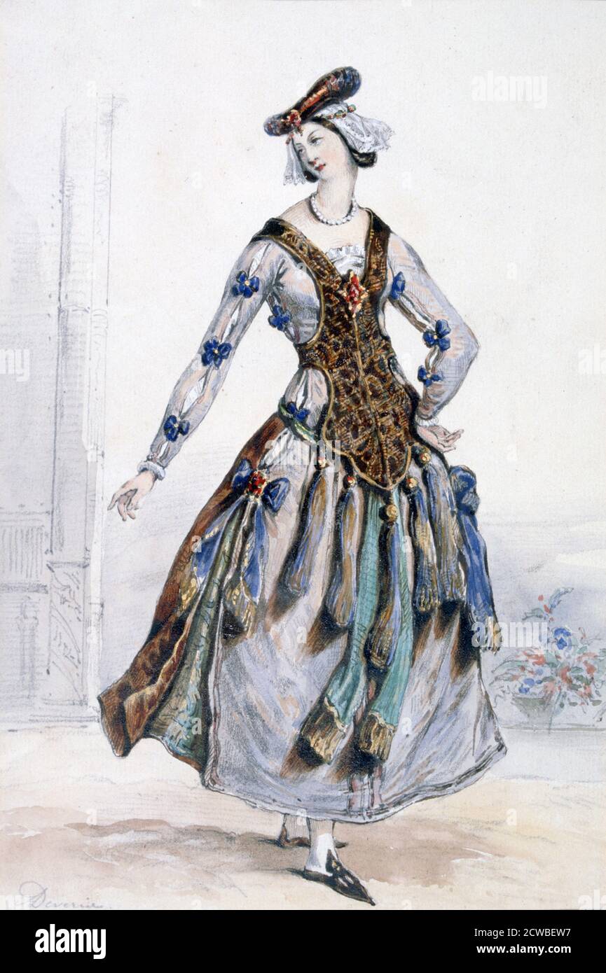 Mademoiselle Sophie', Kostümbild für eine Oper, c1820-1857. Künstler: Achille Deveria. Achille Jacques-Jean-Marie Deveria (1800-1857) war ein französischer Maler und Lithograph, der für seine Porträts berühmter Schriftsteller und Künstler bekannt war. Stockfoto