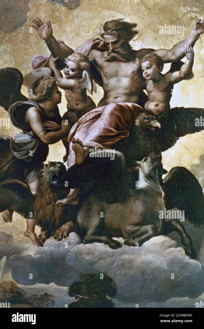 Vision of Ezekiel', c1518 Künstler: Raphael. Raphael (1483-1520) war ein italienischer Maler und Architekt der Hochrenaissance. Seine Arbeit wird für seine Klarheit der Form, Leichtigkeit der Komposition und visuelle Leistung der menschlichen Größe bewundert. Stockfoto