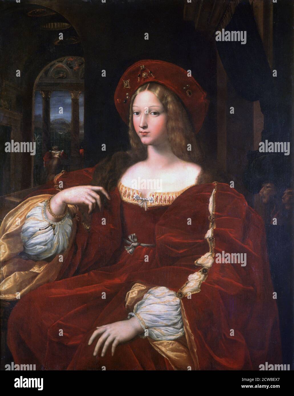 Porträt von Jeanne d'Aragon', 1518. Künstler: Raphael. Raphael (1483-1520) war ein italienischer Maler und Architekt der Hochrenaissance. Seine Arbeit wird für seine Klarheit der Form, Leichtigkeit der Komposition und visuelle Leistung der menschlichen Größe bewundert. Stockfoto