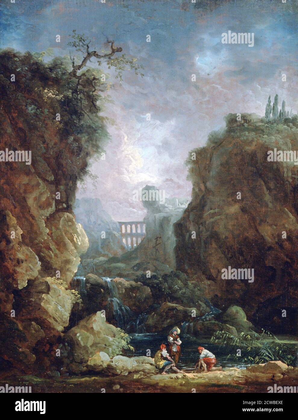 Landschaft mit Wasserfall und Aquädukt', c1750-1808, Künstler: Hubert Robert. Hubert Robert (1733-1808) war ein französischer Rokoko-Maler. Stockfoto