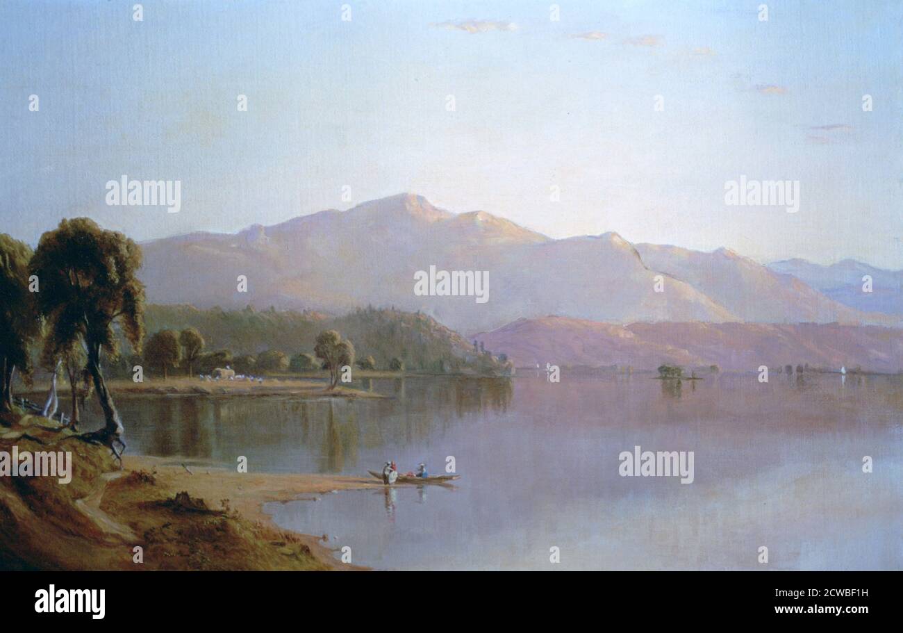 Lake George, New York', C1843-1880. Künstler: Sanford Robinson Gifford. Sanford Robinson Gifford (1823-1880) war ein amerikanischer Landschaftsmaler und eines der führenden Mitglieder der Hudson River School. Stockfoto