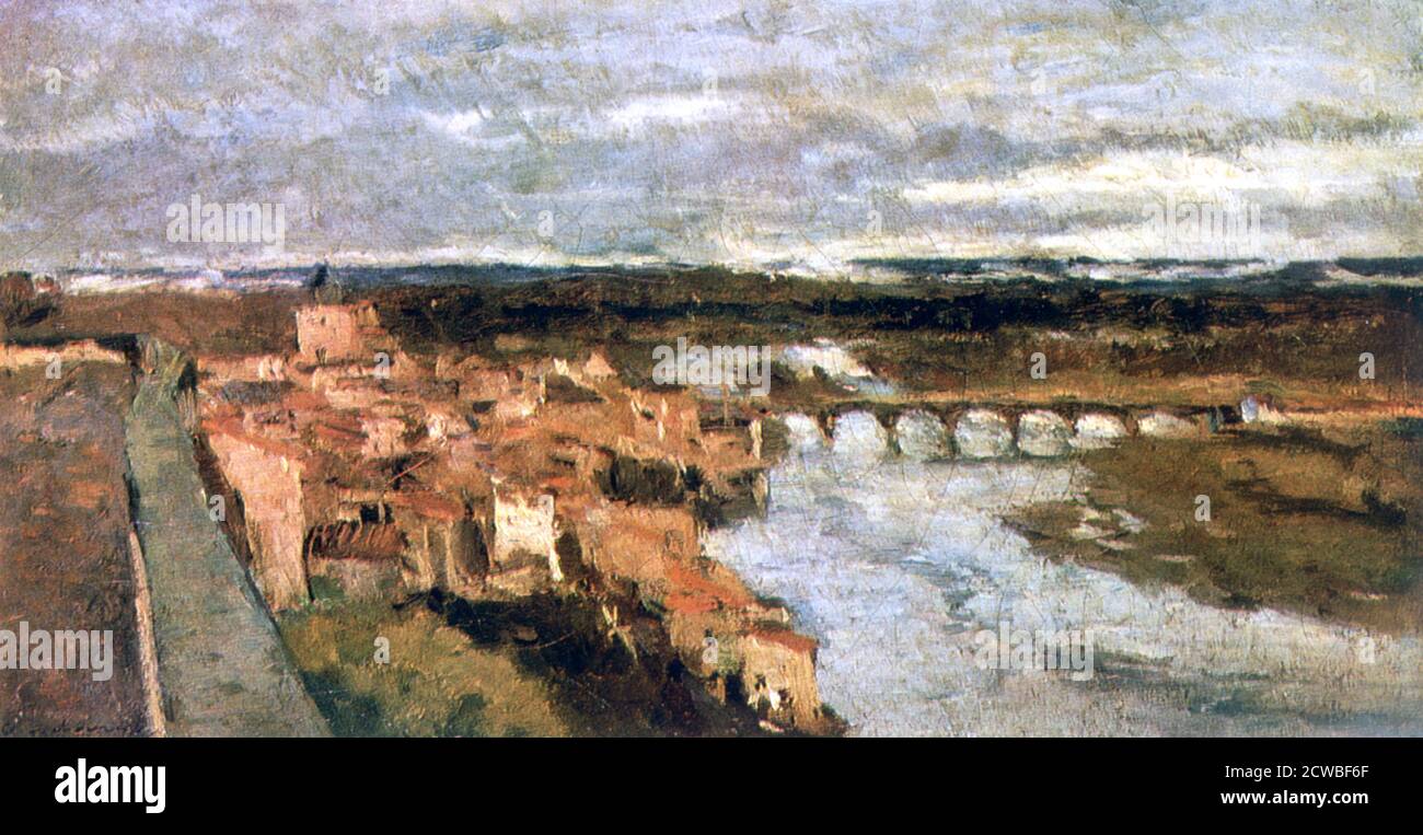 Landschaft mit Dorf und Brücke', c1855-1892. Künstler: Stanislas Lepine. Lepine war ein französischer Maler, der sich auf Landschaften, vor allem Ansichten der seine, spezialisierte. Stockfoto