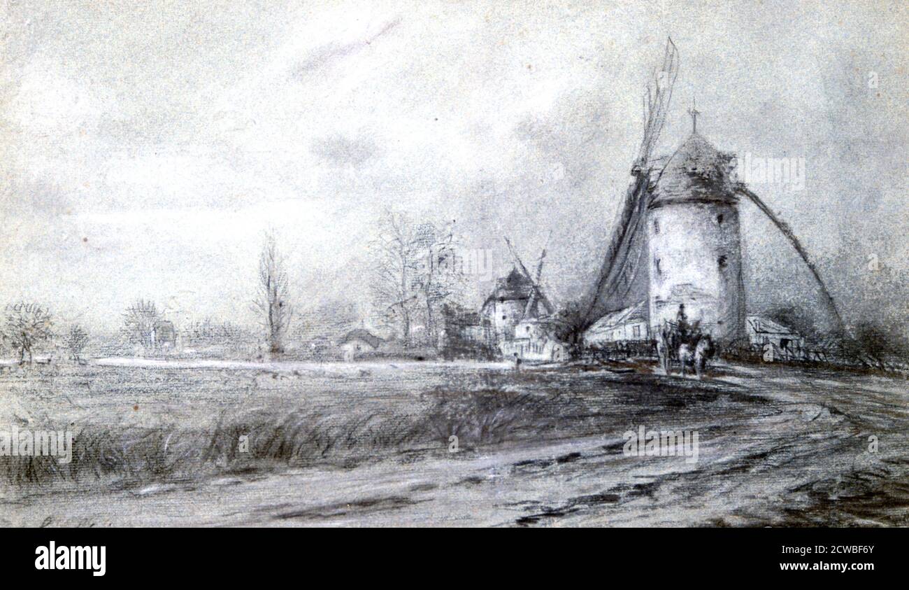 Landschaft mit Windmühle', c1855-1892. Künstler: Stanislas Lepine. Lepine war ein französischer Maler, der sich auf Landschaften, vor allem Ansichten der seine, spezialisierte. Stockfoto