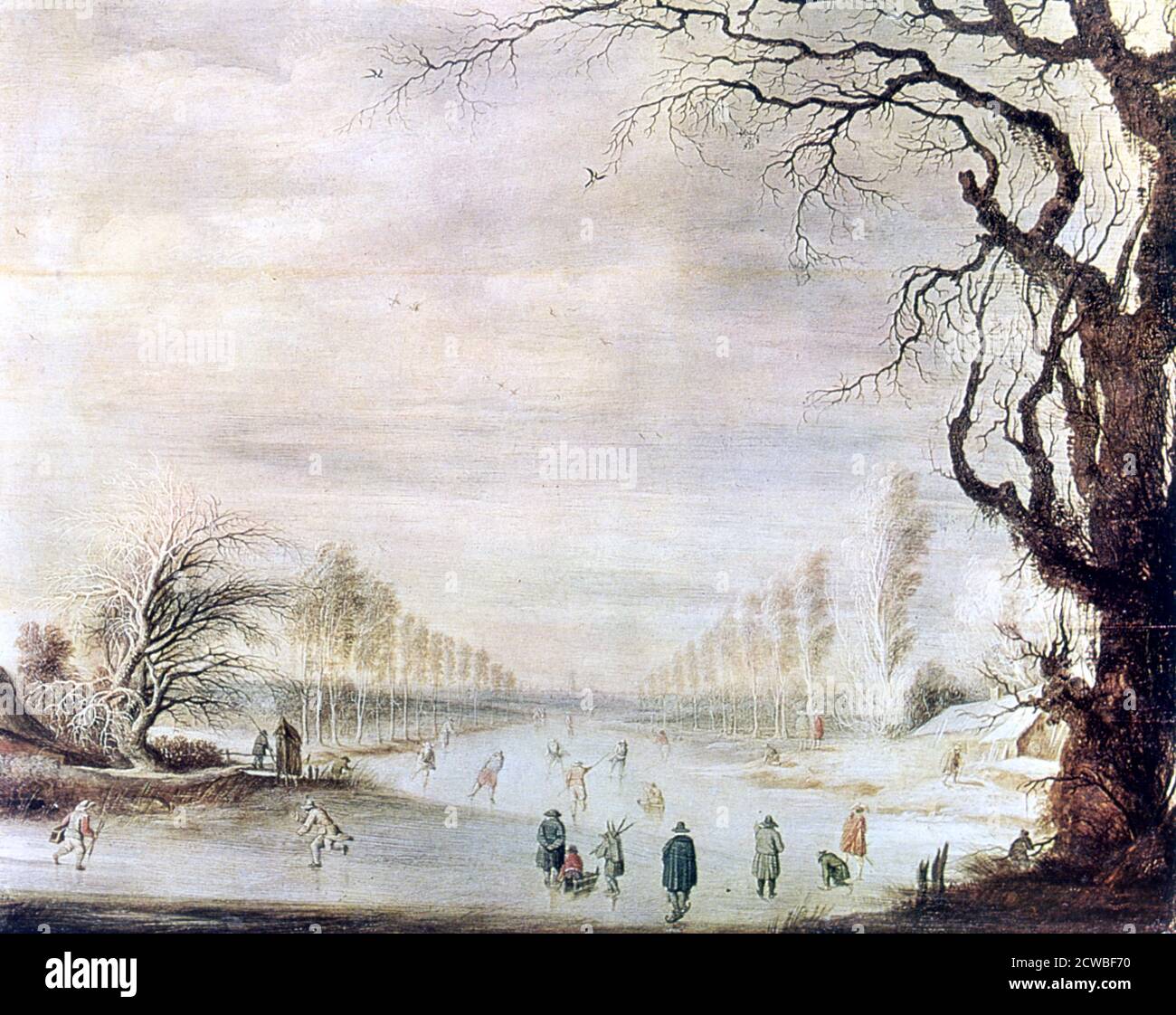 Eine Winterlandschaft mit Eisläufern', c1606-1643. Künstler: Gysbrecht Leytens. Gysbrecht Leytens (1586-1656) war ein flämischer Maler, der sich auf Winterlandschaften spezialisierte. Stockfoto