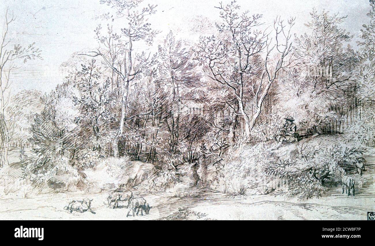 Landschaft mit Flötenspielerin, c1627-1674. Künstler: Jan Lievens. Jan Lievens (1607-1674) war ein holländischer Maler des Goldenen Zeitalters, der mit seinem engen Zeitgenossen Rembrandt in Verbindung gebracht wurde. Stockfoto