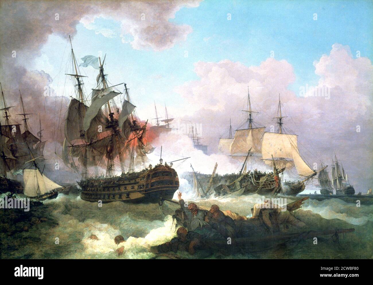 The Battle of Camperdown', 1799, Künstler: Philip James de Loutherbourg. 1797 besiegte die britische Flotte die Holländer, die dann mit den Franzosen in der Nähe von Camperdown an der Küste Hollands verbünden. Stockfoto
