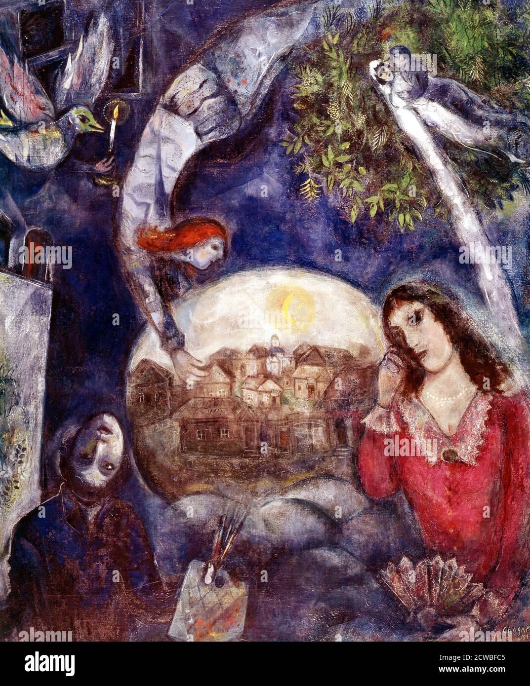 An Unstering Love: 'Around her'; 1945, von Marc Chagall (1887 - 1985); russisch-französischer Künstler des weißrussischen jüdischen Künstlers. Bella Rosenfeld traf Marc Chagall im Sommer 1909 bei einem Besuch in St. Petersburg. Marc war ein aufstrebender Künstler, der sich in der Entstehung seines mittlerweile berühmten Oeuvres befand. Bella, die Tochter eines erfolgreichen Juweliers, befand sich mitten in ihrem Studium und erwarb sich einen Vorgeschmack auf das Schreiben. Ihr Treffen war der Beginn einer Künstler-Muse-Beziehung, die einige von Chagall's besten Arbeiten inspirieren würde. Stockfoto