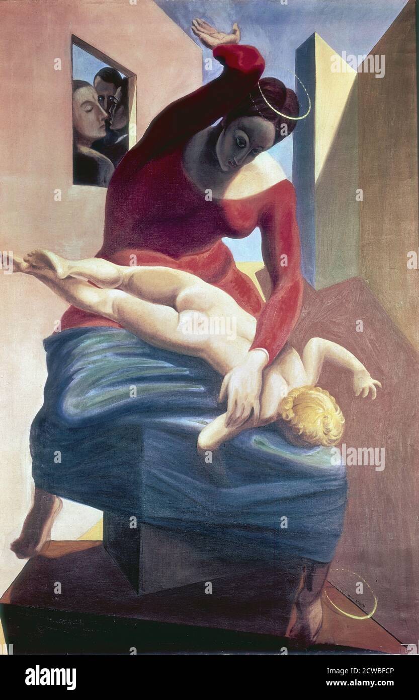 The Virgin Spanking the Christ Child,1926, von Max Ernst (1891 - 1976); ein deutscher (eingebürgert Amerikaner in 1948 und Französisch in 1958) Maler, Bildhauer, Grafiker und Dichter. Der vollständige Titel des Gemäldes ist die Jungfrau Spanking das Christkind vor drei Zeugen: Andre Breton, Paul Eluard, und der Maler. Stockfoto