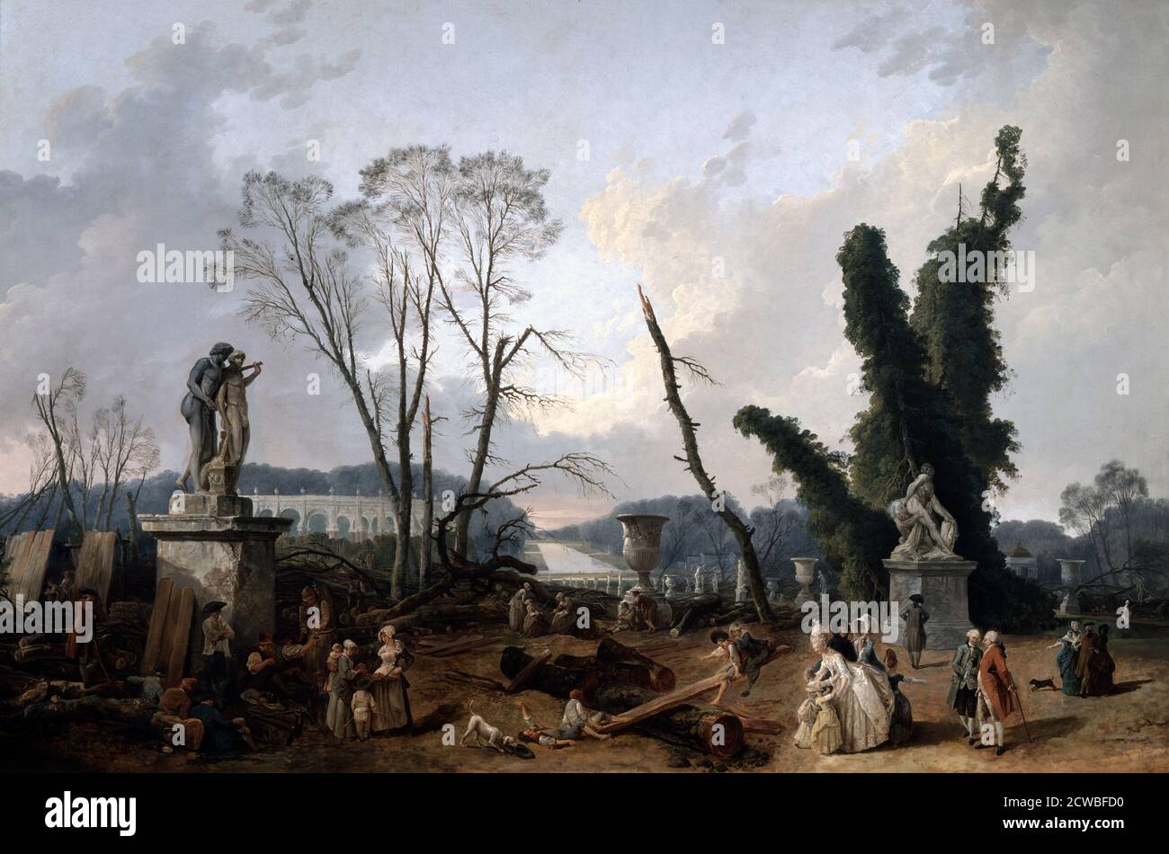 Blick auf das 'Tapis Vert' in Versailles, 19. Jahrhundert von Fanny Robert. Louis XVI und Marie-Antoinette sind im Vordergrund dargestellt. Vom Musée National du Chateau, Versailles, Frankreich. Stockfoto