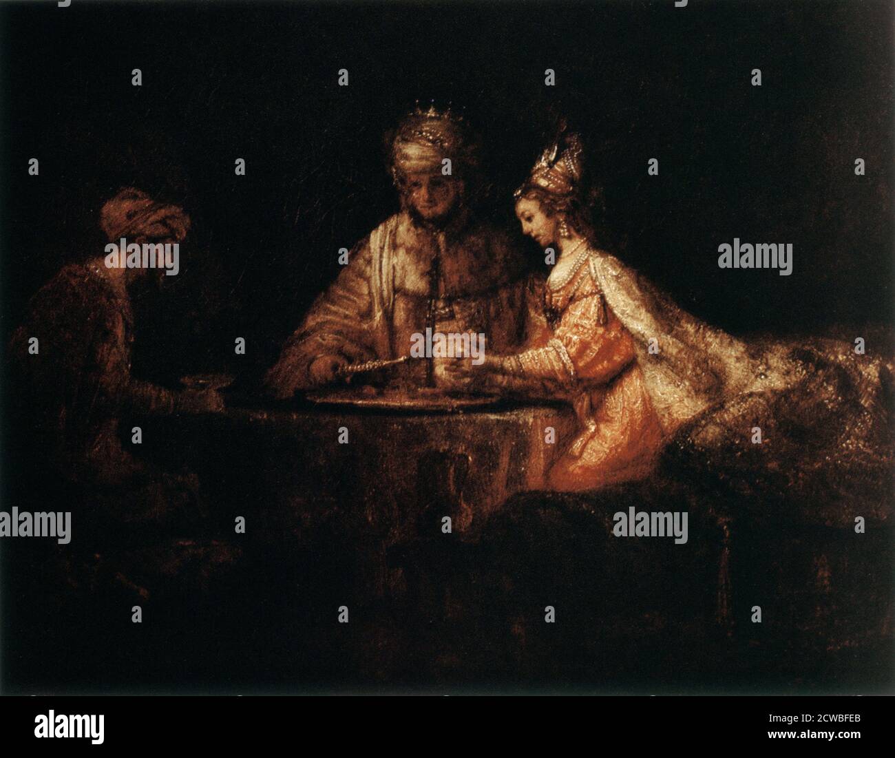 Assuerus, Haman und Esther', 1662 von Rembrandt Harmensz van Rijn. Aus dem Puschkin Museum of Fine Art, Moskau. Stockfoto