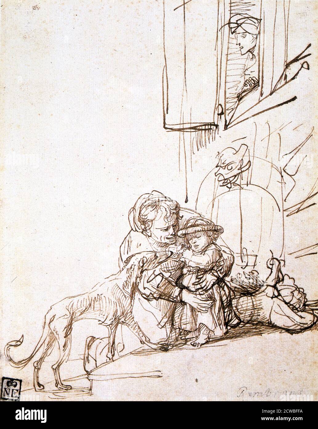Frau mit Kind Angst vor einem Hund', von Rembrandt Harmensz van Rijn, 17. Jahrhundert. Vom Museum der Schönen Künste, Budapest. Stockfoto