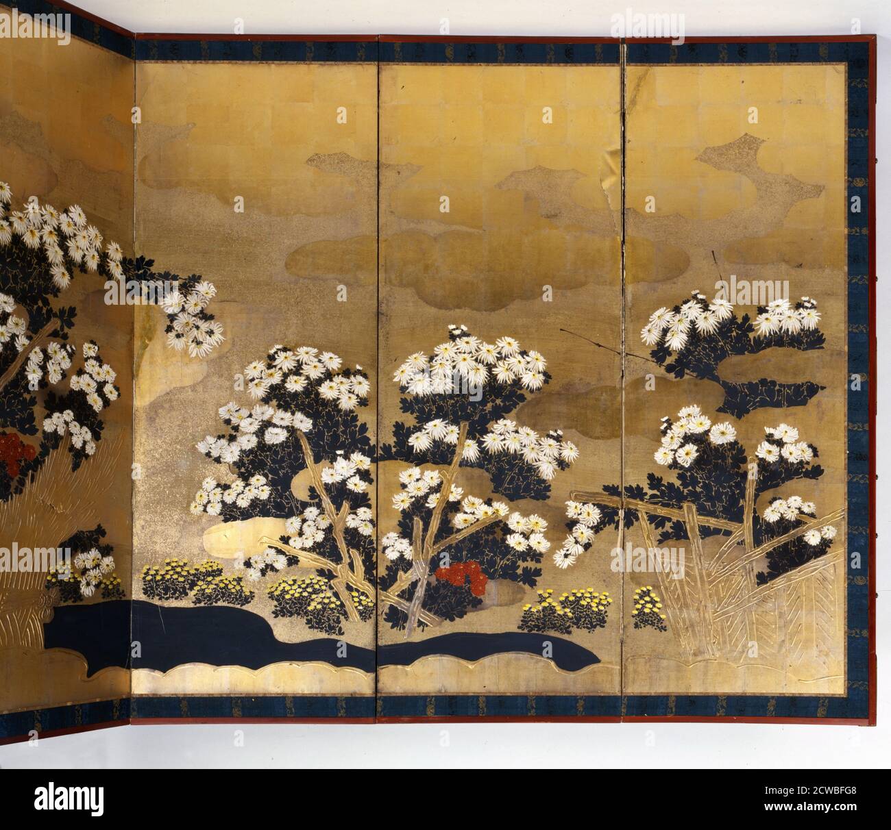 Zwei Bildschirme mit 6 Platten mit Gold Hintergrund, Edo Periode, Japanisch, 1600-1867. Aus einer privaten Sammlung. Stockfoto