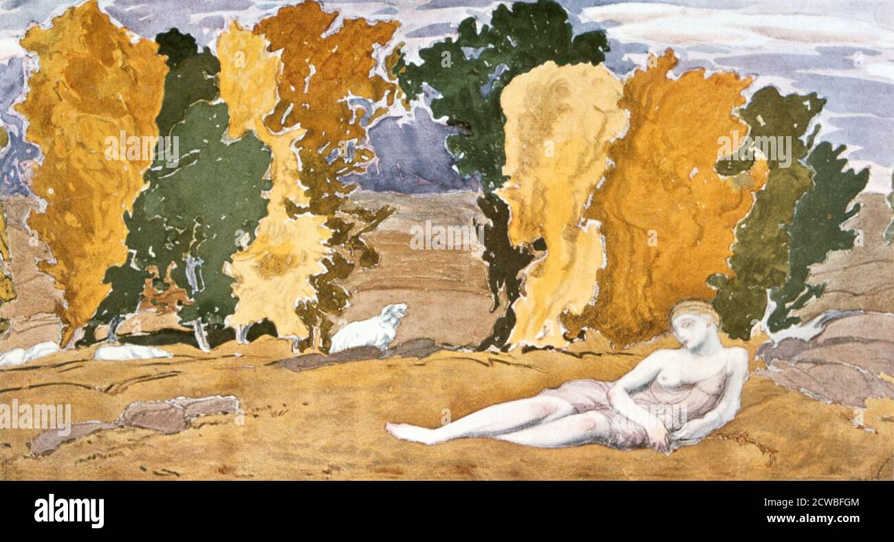 Chloe Abandoned', Entwurf für eine Ballet Russes Produktion von Ravels Daphnis und Chloe von Leon Bakst, 1910-1911. Vom Museum für Dekorative Künste, Paris. Stockfoto