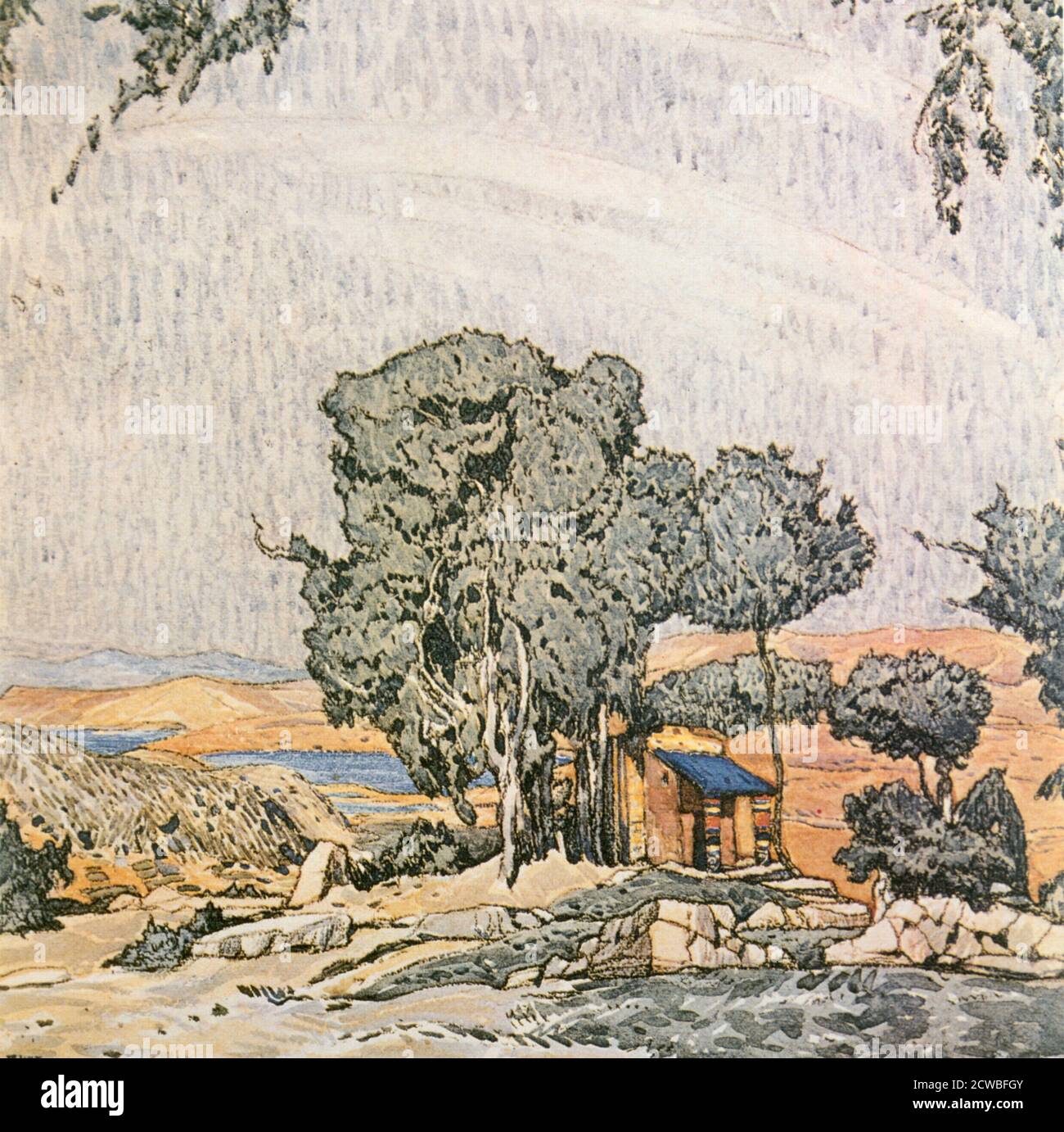 Set Design für Akt I von Helen von Sparta, aufgeführt von Ida Rubensteins Balletttruppe, 1912 von Leon Bakst. Veröffentlicht in L'Art Decoratif de Leon Bakst. (Paris, 1913). Stockfoto Set Design für Akt I von Helen von Sparta, aufgeführt von Ida Rubensteins Balletttruppe, 1912 von Leon Bakst. Veröffentlicht in L'Art Decoratif de Leon Bakst. (Paris, 1913). Stockfoto