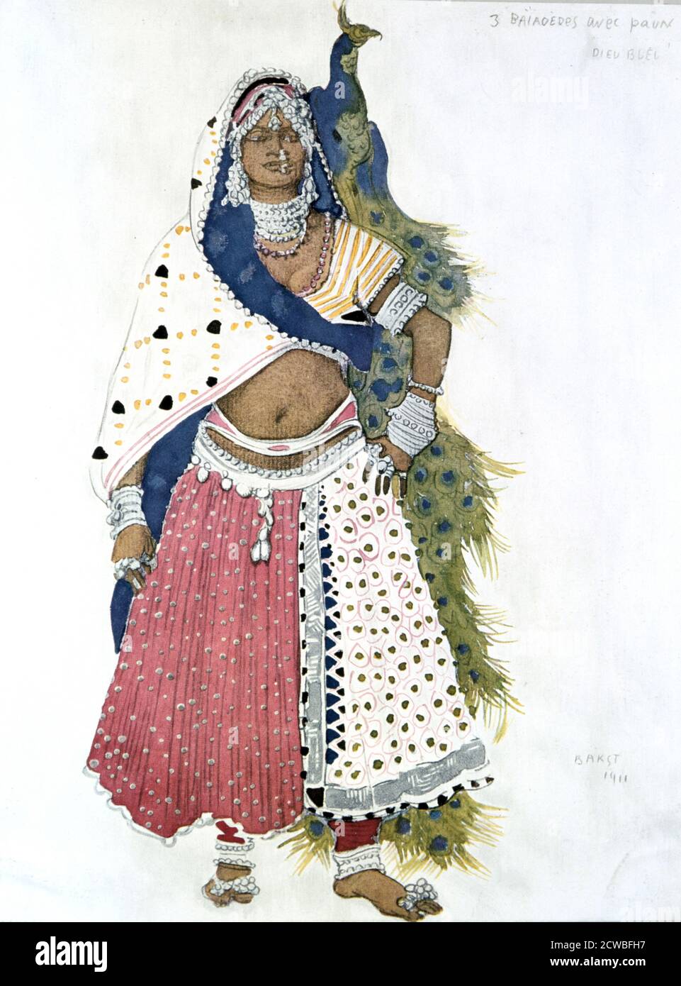Bayadere with Peacock', Ballett Kostümdesign, von Leon Bakst, 1911. Kostümdesign für Ballets Russes Produktion von Le Dieu Bleu (der blaue Gott), Geschichte von Jean Cocteau und Frederigo de Madrazo, Musik von Reynaldo Hahn. Veröffentlicht in L'Art Decoratif de Leon Bakst. (Paris, 1913). Aus einer privaten Sammlung. Stockfoto