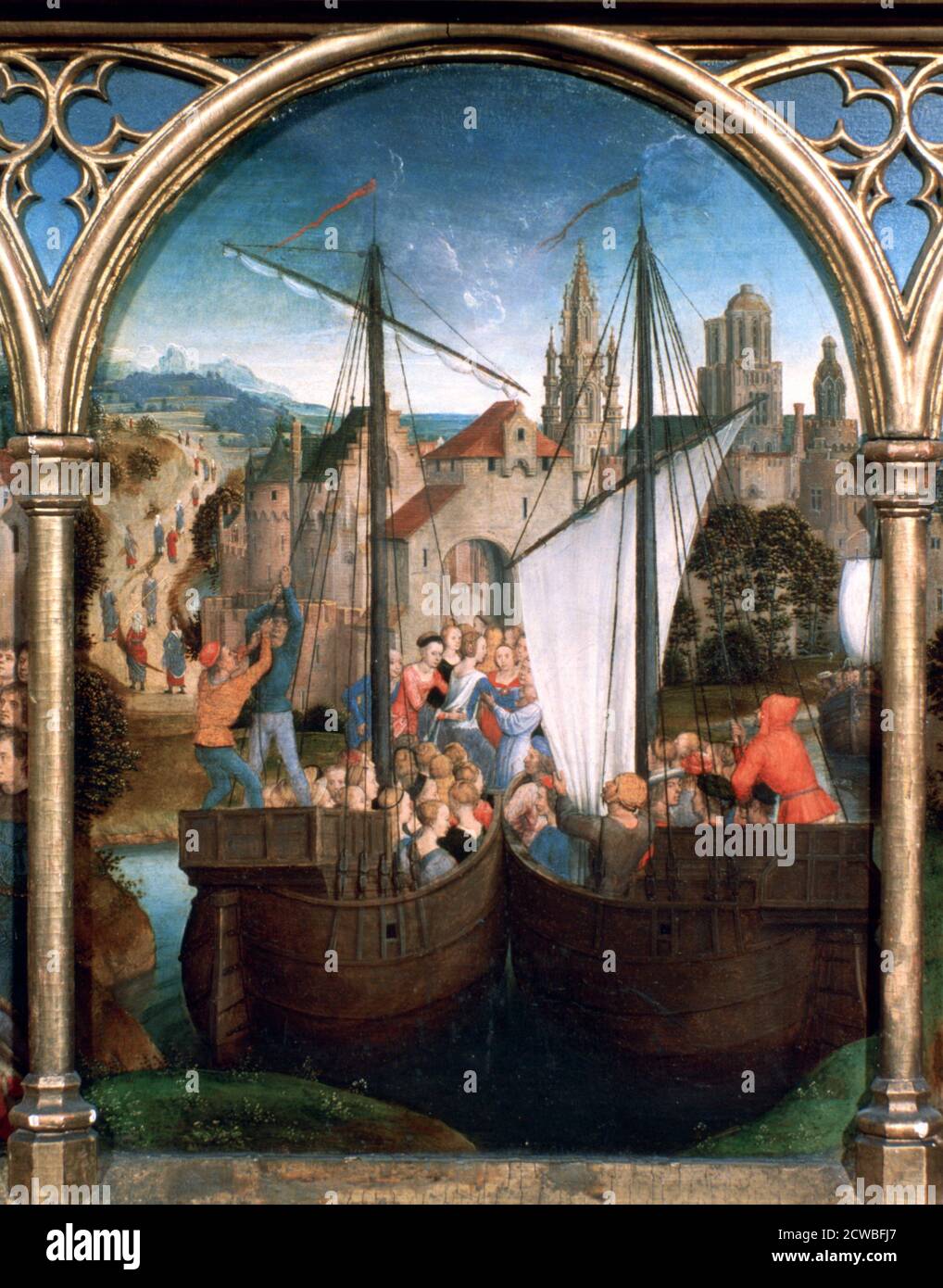 St. Ursula Schrein, Ankunft in Basel', 1489, Künstler: Hans Memling. Hans Memling war der führende Künstler in Brügge. Sein Werk ist stark von Rogier van der Weyden beeinflusst. Stockfoto