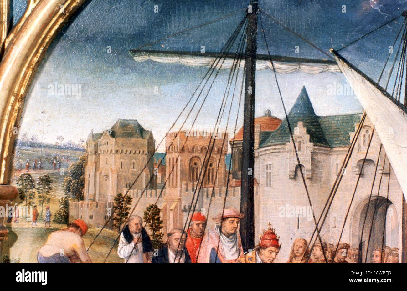 St. Ursula Schrein, Abfahrt aus Basel', Detail, 1489, Künstler: Hans Memling. Hans Memling war der führende Künstler in Brügge. Sein Werk ist stark von Rogier van der Weyden beeinflusst. Stockfoto