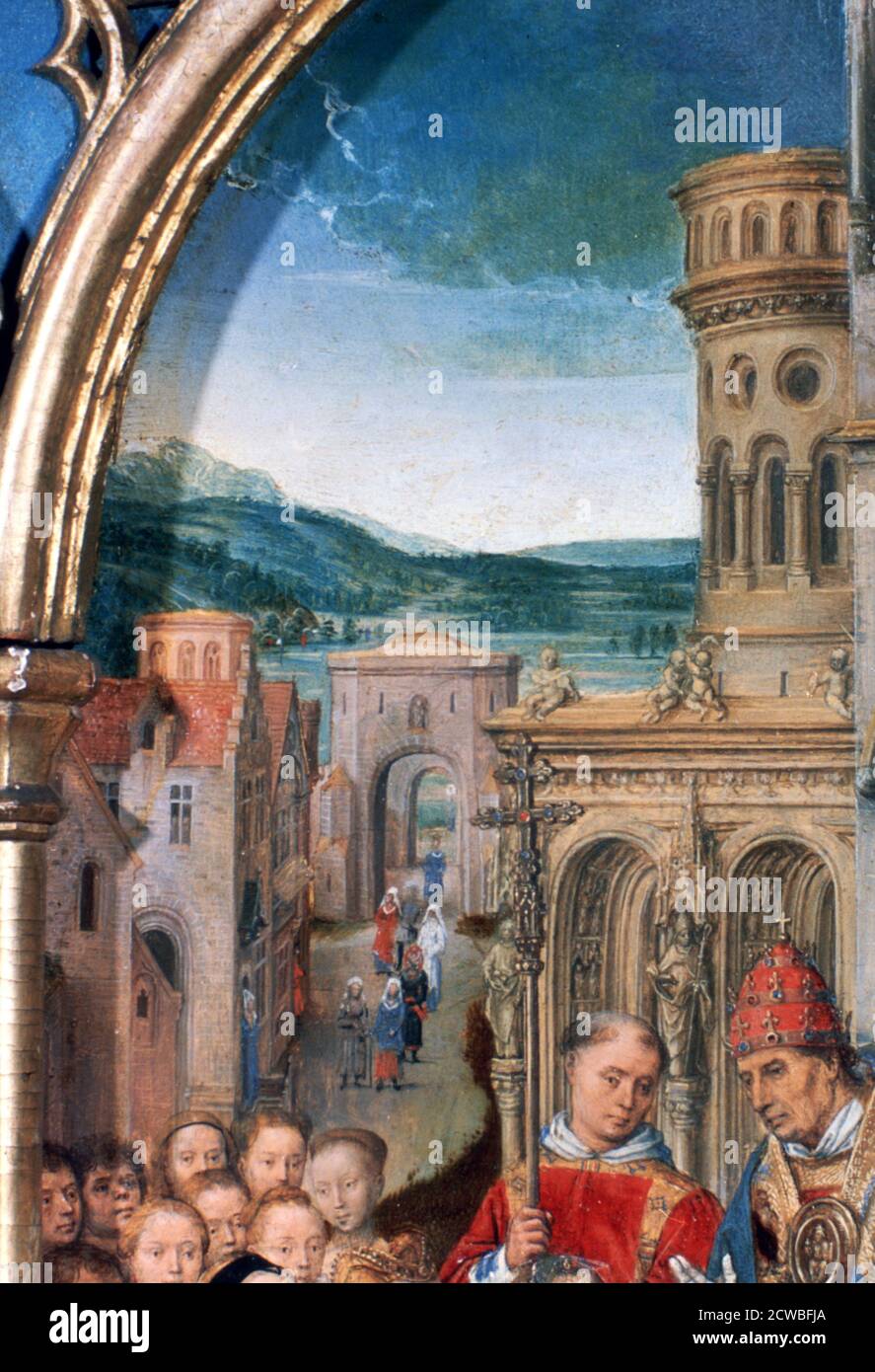 St. Ursula-Schrein, Ankunft in Rom', Detail, 1489 Künstler: Hans Memling. Hans Memling war der führende Künstler in Brügge. Sein Werk ist stark von Rogier van der Weyden beeinflusst. Stockfoto