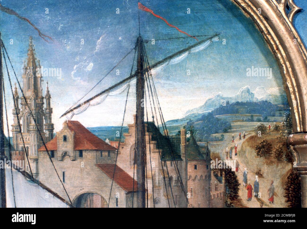 St. Ursula Schrein, Abfahrt aus Basel', Detail, 1489, Künstler: Hans Memling. Hans Memling war der führende Künstler in Brügge. Sein Werk ist stark von Rogier van der Weyden beeinflusst. Stockfoto
