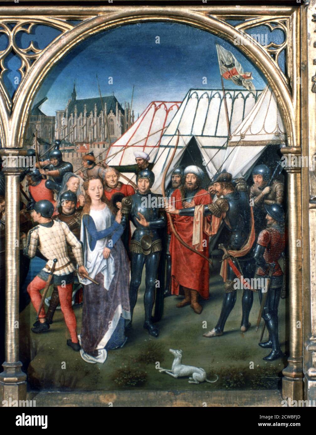 St. Ursula Schrein, Martyrium in Köln', 1489, Künstler: Hans Memling. Hans Memling war der führende Künstler in Brügge. Sein Werk ist stark von Rogier van der Weyden beeinflusst. Stockfoto