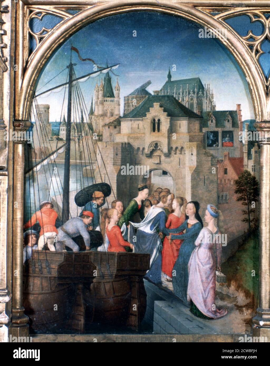 St. Ursula Schrein, Ankunft in Köln', 1489, Künstler: Hans Memling. Hans Memling war der führende Künstler in Brügge. Sein Werk ist stark von Rogier van der Weyden beeinflusst. Stockfoto