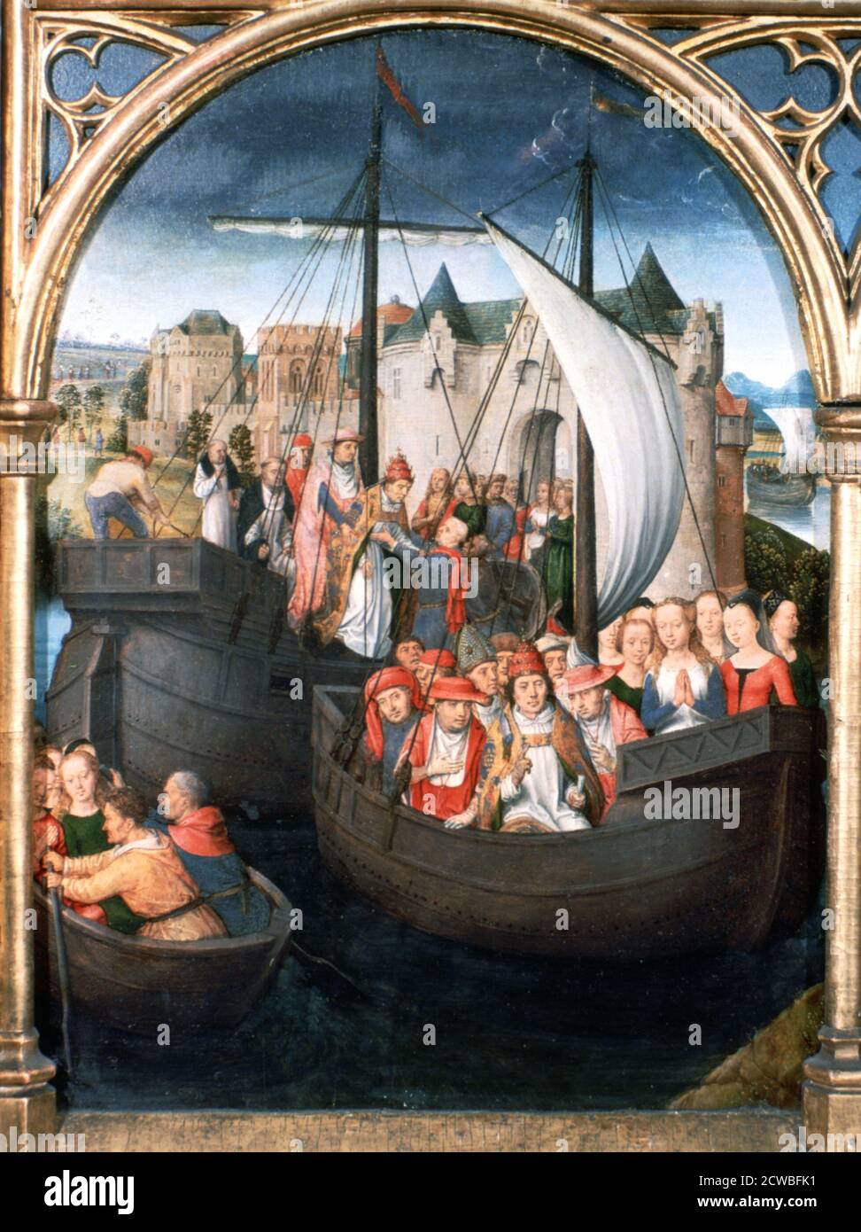 St. Ursula Schrein, Abfahrt aus Basel', 1489, Künstler: Hans Memling. Hans Memling war der führende Künstler in Brügge. Sein Werk ist stark von Rogier van der Weyden beeinflusst. Stockfoto
