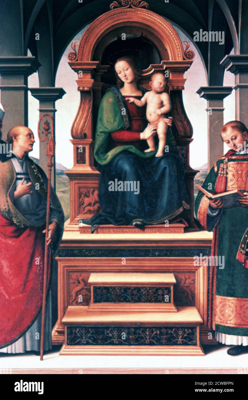 Madonna mit Kind und Heiligen, c1470-1523. Künstler: Perugino. Perugino (1446-1523) geboren Pietro Vannucci, war ein italienischer Renaissance-Maler der umbrischen Schule, der einige der Qualitäten entwickelte, die klassischen Ausdruck in der High Renaissance gefunden. Stockfoto