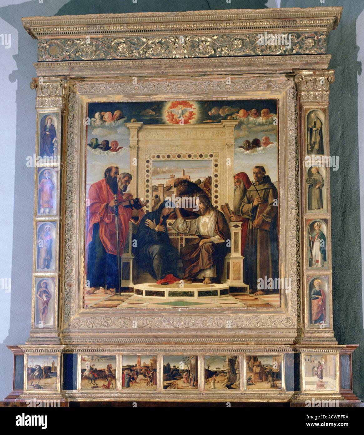 Pala di Pesaro' Altarbild, c1474, Künstler: Giovanni Bellini. Krönung der Jungfrau mit den Heiligen Paul, Peter, Hieronymus und Franz von Assisi mit Szenen aus dem Leben der Heiligen in der Predella-Tafel. Aus der Sammlung des Museo Civico, Pesaro, Italien. Stockfoto