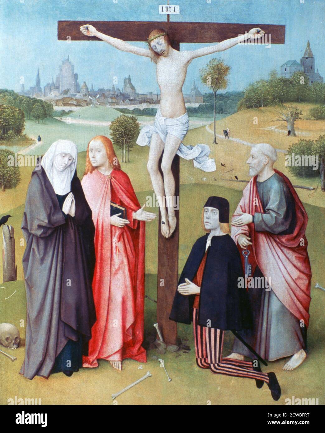 Christus am Kreuz mit Stiftern und Heiligen', c1480-1516. Künstler: Hieronymus Bosch. Hieronymus Bosch ist einer der bedeutendsten Künstler der frühniederländischen Malschule. Seine Arbeit, bestehend aus Öl auf Holz Gemälde enthält fantastische Illustrationen von religiösen Konzepten und Erzählungen. Stockfoto