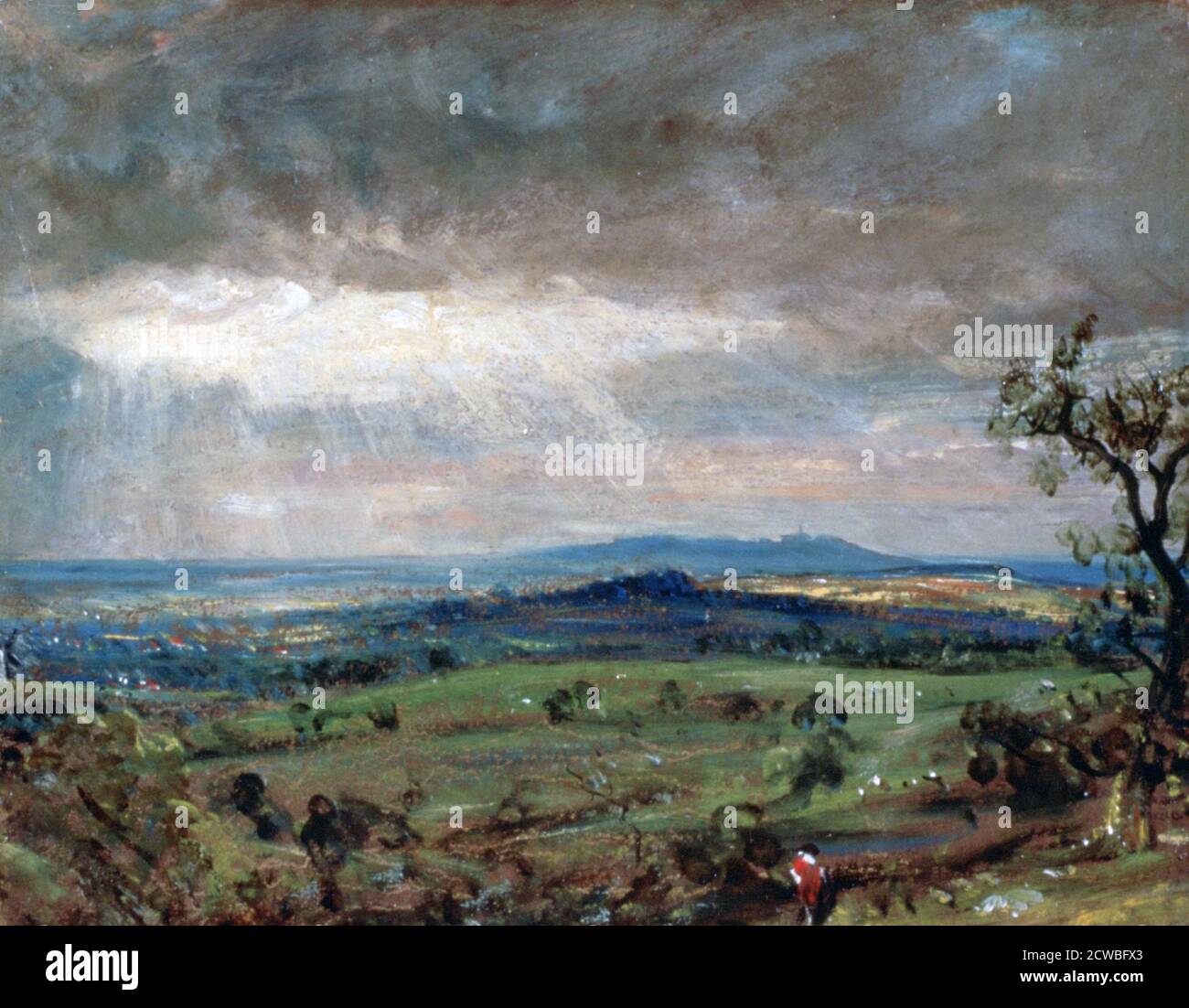 Hampstead Heath with Harrow in the Distance', c1821. Künstler: John Constable. John Constable (1776-1837) war ein englischer Landschaftsmaler in der romantischen Tradition. In Suffolk geboren, ist er vor allem für seine Landschaftsbilder von Dedham Vale bekannt. Stockfoto