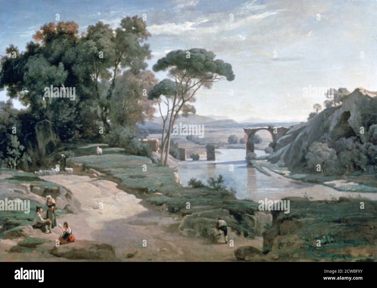 Die Brücke bei Narni', 1827. Künstler: Jean-Baptiste-Camille Corot. Jean-Baptiste-Camille Corot (1796-1875) war ein französischer Landschafts- und Porträtmaler sowie eine Kupferdruckradierung. Stockfoto