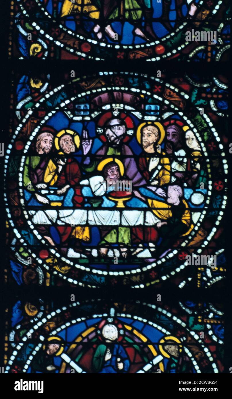 Das letzte Abendmahl, Glasmalerei, die Kathedrale von Chartres, Frankreich, 1205-1215. Aus der Leidenschaft Fenster Detail. Stockfoto Das letzte Abendmahl, Glasmalerei, die Kathedrale von Chartres, Frankreich, 1205-1215. Aus der Leidenschaft Fenster Detail. Stockfoto